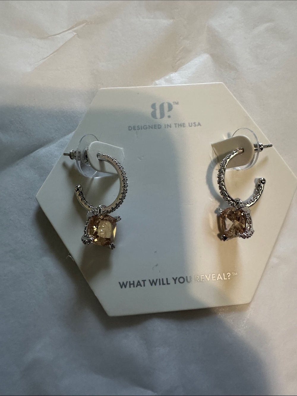 Champagne Crystal Hoop Drop Earrings - Silver